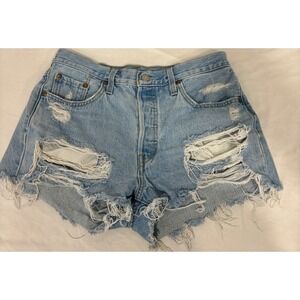 Levi's 501 Shorts Women's 29 Blue Button Fly Cut Off Distressed Denim Jean